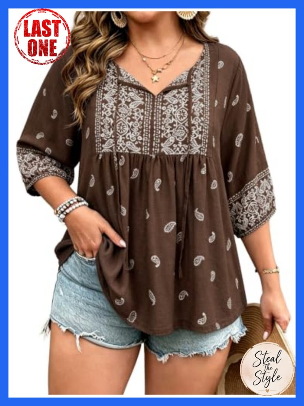 Plus Size Square Neck Puff Sleeve Tunic Top 3/4 Length Blouse Boho Flowy Peasant